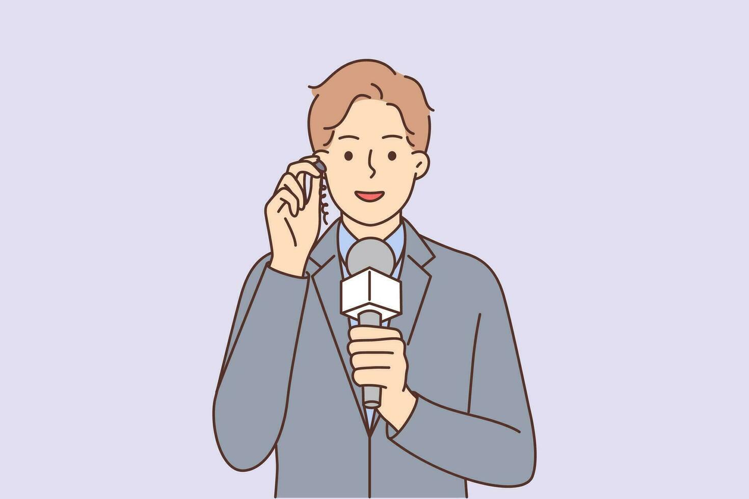 Man reporter with microphone and earpiece informs TV viewers about important news live. Guy works on television makes career as journalist or reporter from press service of government agencies. vector