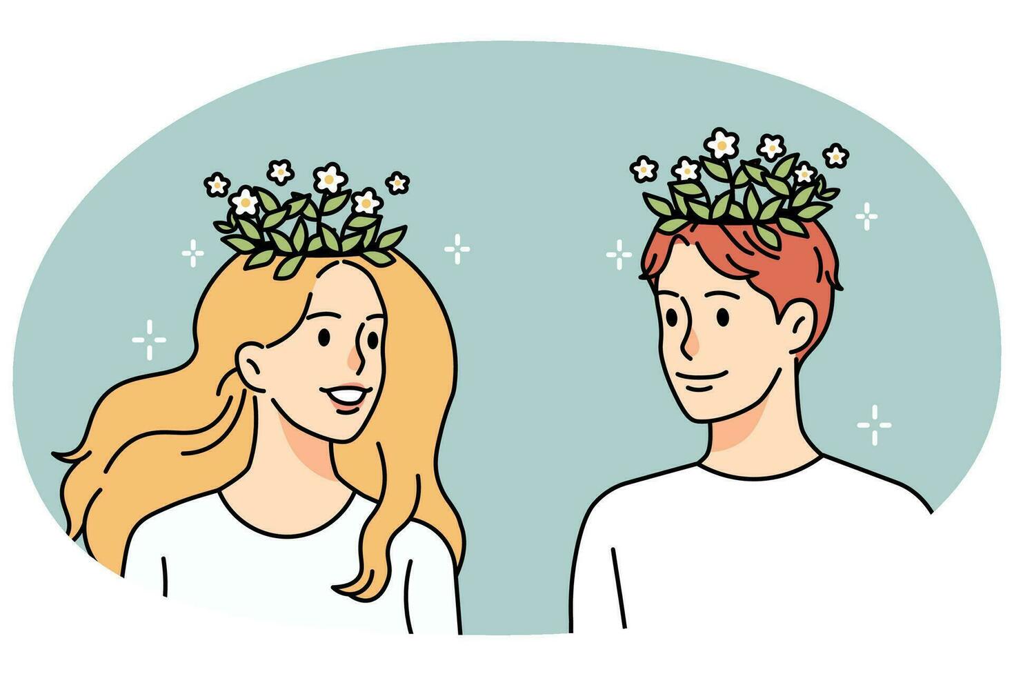 Plants growing from people head. Man and woman have houseplants on brain. Concept of self-development and improvement. Vector illustration.