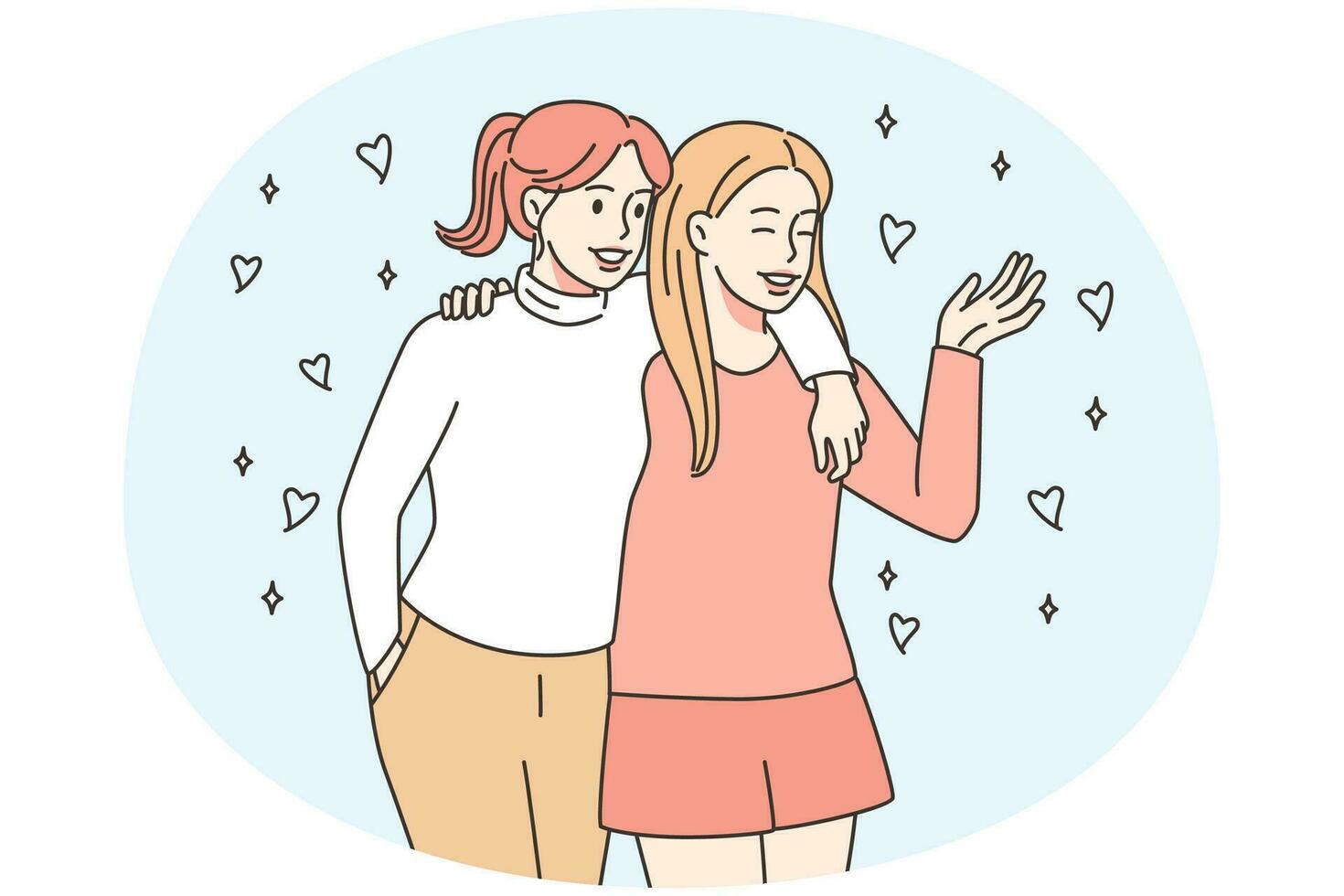 Smiling teen girl hug having fun spending time together. Happy young women embrace walking outdoors. Friendship and togetherness. Vector illustration.