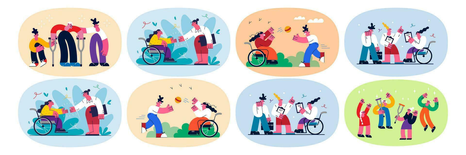 Set of happy diverse people with physical disability enjoy active life. Collection with men and women with chronic disabilities living normal relax together. Equality. Vector illustration.