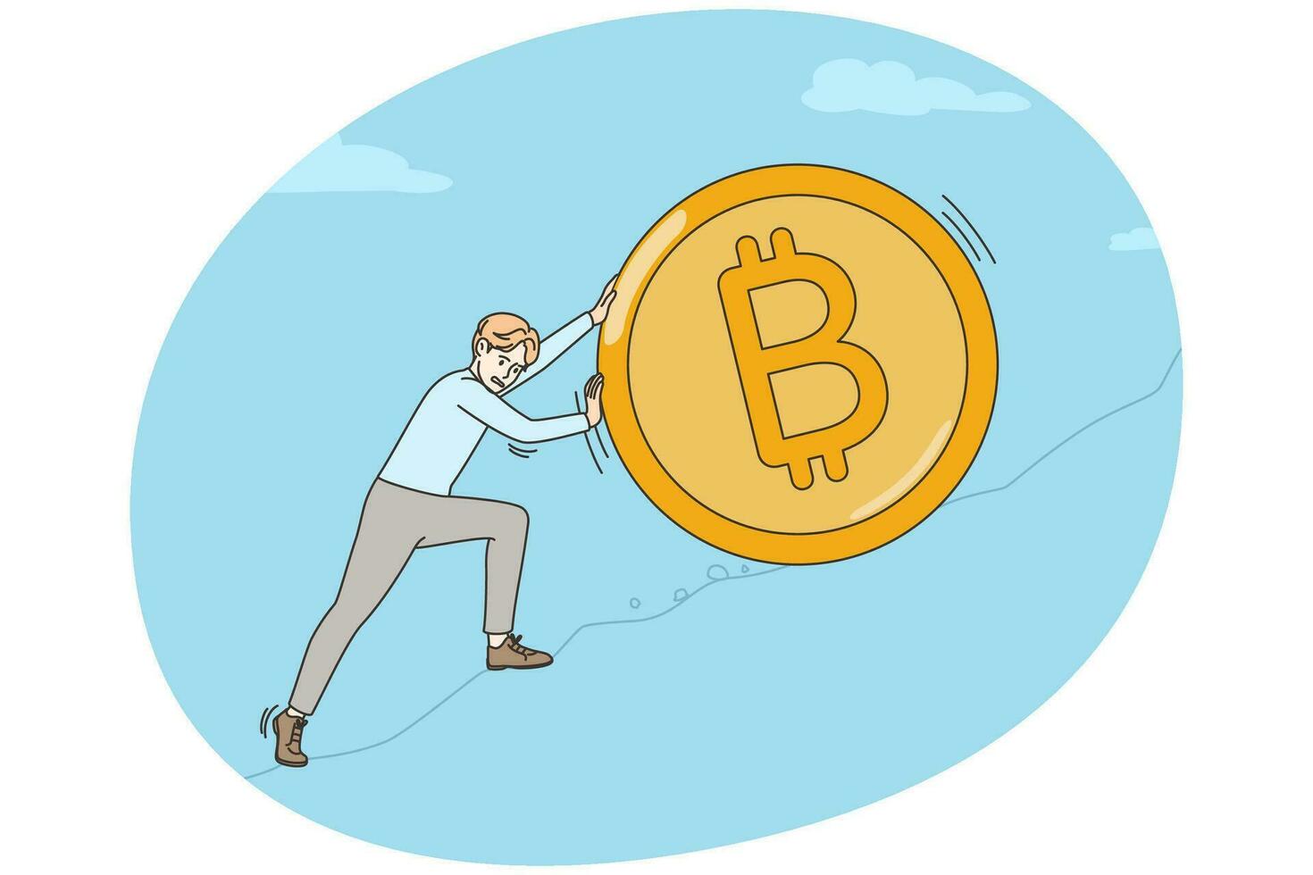 Businessman pushing bitcoin uphill prevent price from falling. Man employee saving cryptocurrency from crisis or fluctuation. Trade and investment. Vector illustration.