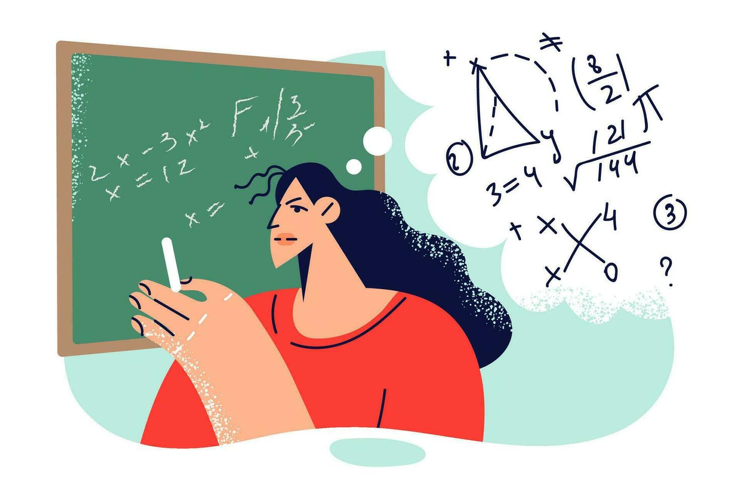 Woman teacher writes mathematical formulas on blackboard to teach students algebra. Girl graduate student of university studies mathematical science and solves complex problems and proves theorems vector