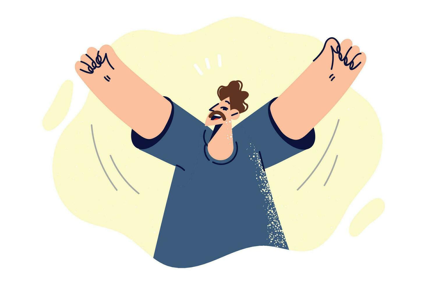 Joyful man raises hands up and shouts with happiness after winning competition or fulfilling cherished dream. Casual guy making winning gesture feeling ecstatic about dating beautiful girlfriend vector