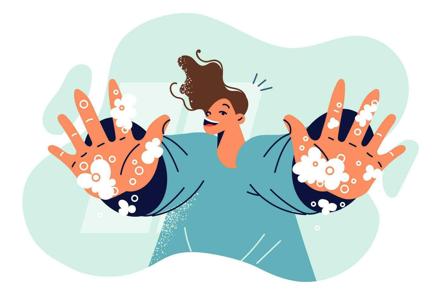 Boy with soapy hands demonstrates foam on palms and urges to follow