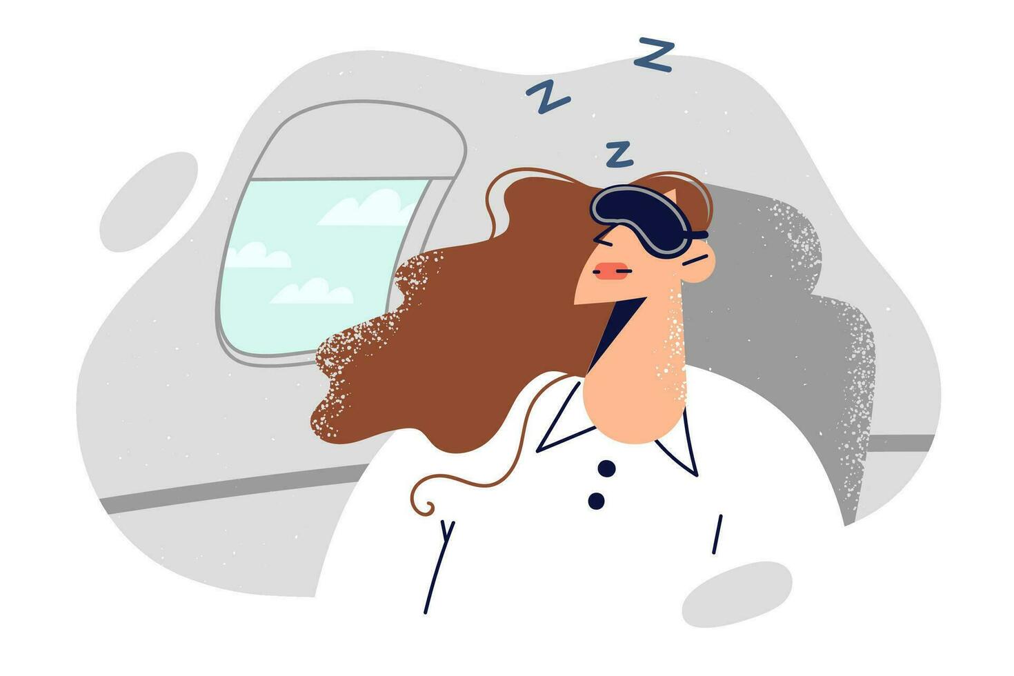 Woman passenger on airplane sleeps with mask over eyes, going on business trip. Girl flies in airplane in first class and feels comfortable and calm thanks to good reputation of airline vector