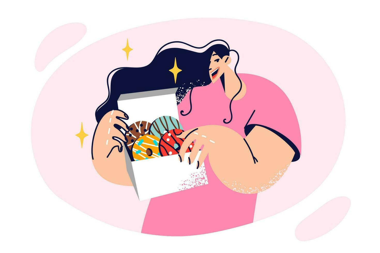 Woman holds box of donuts covered in sweet icing and suggests visiting candy store for fresh dessert. Girl with round donuts smiles rejoicing at opportunity to taste delicious pastries vector