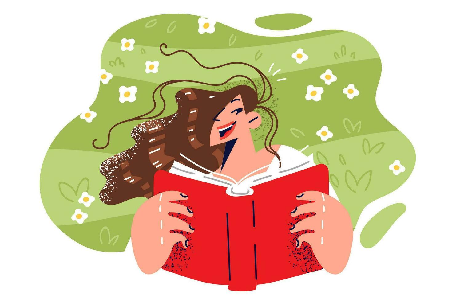 Woman lies on grass and reads book, rejoicing at opportunity to relax in summer park and relax after college classes. Happy girl with book is fond of fiction located on lawn in backyard vector