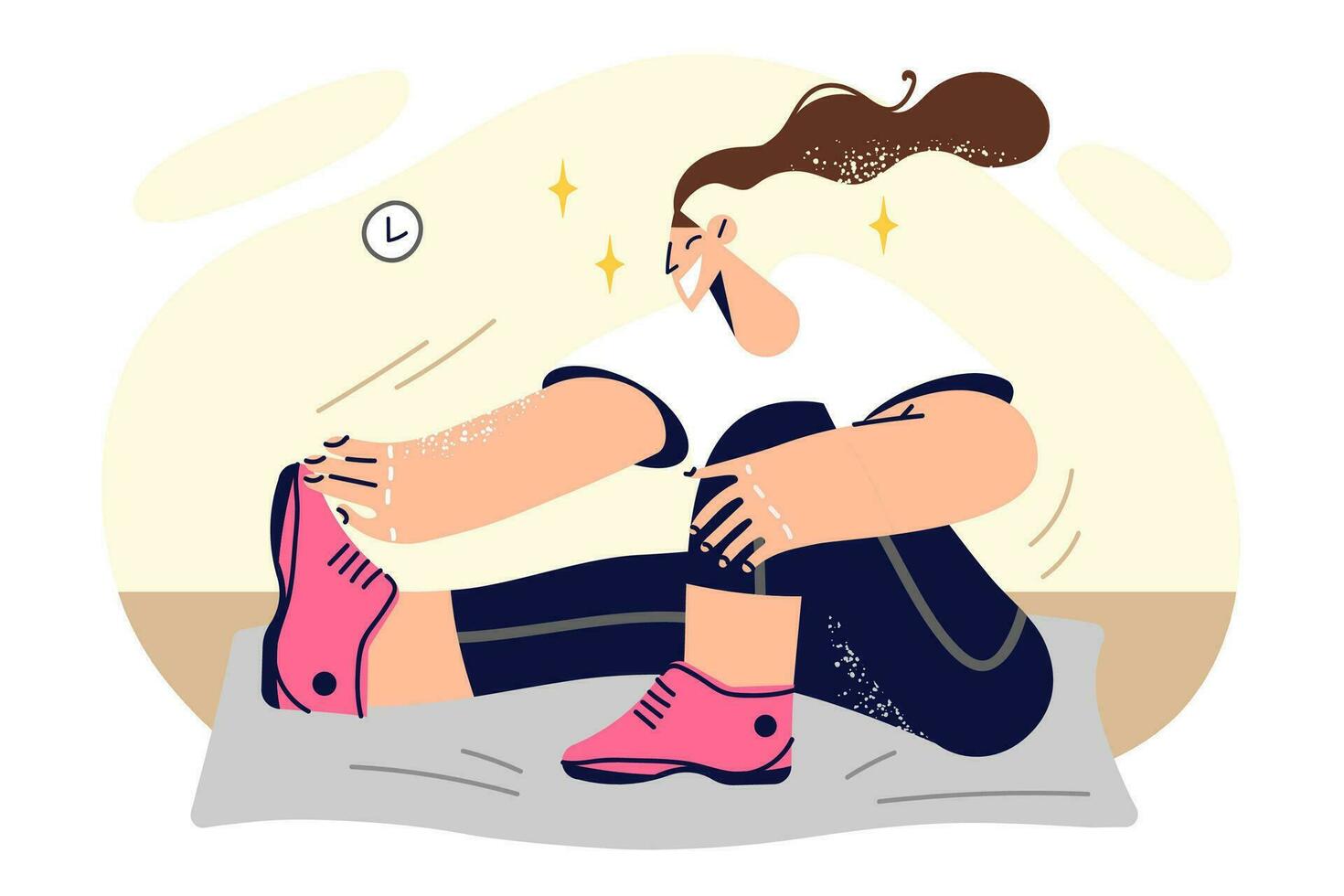 Woman doing stretching sitting on fitness mat and getting ready for sports workout or yoga practice. Happy girl enjoys fitness or morning exercises to improve figure and lose weight vector