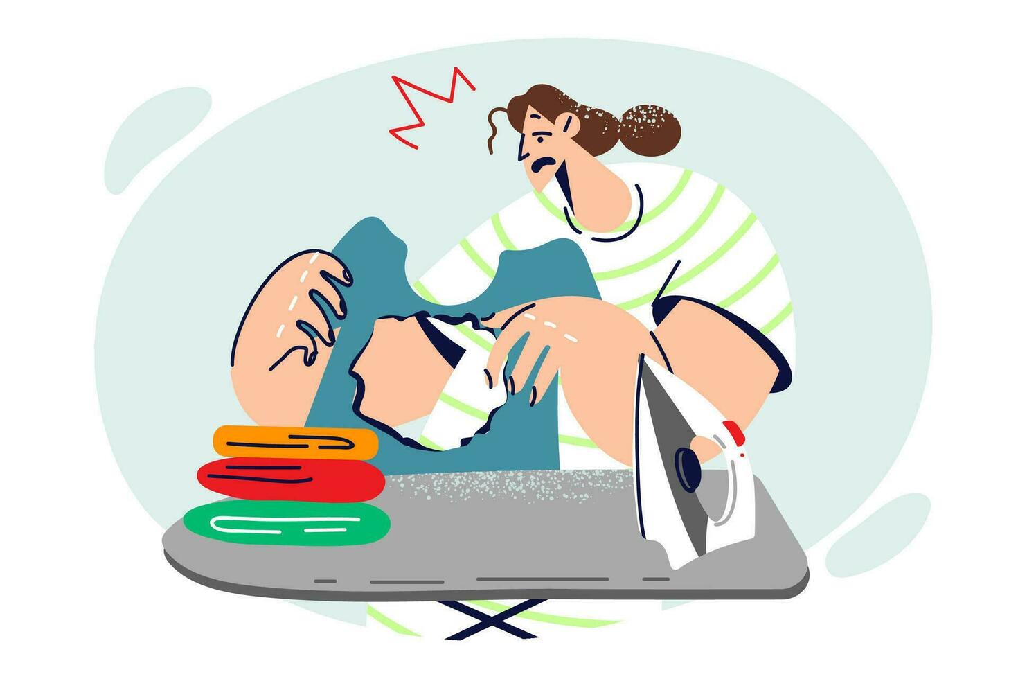 Housewife woman ironing clothes burned hole in t-shirt and gets upset without understanding cause mistake. Inaccurate housekeeper girl ruined wardrobe items while ironing and needs to improve skills vector