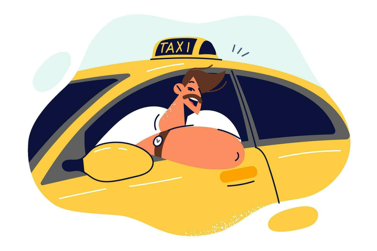 Man taxi driver smiles sitting behind wheel and looking out window of yellow car for transporting passengers. Guy got license to drive taxi recommends taking courses to train profession of driver vector