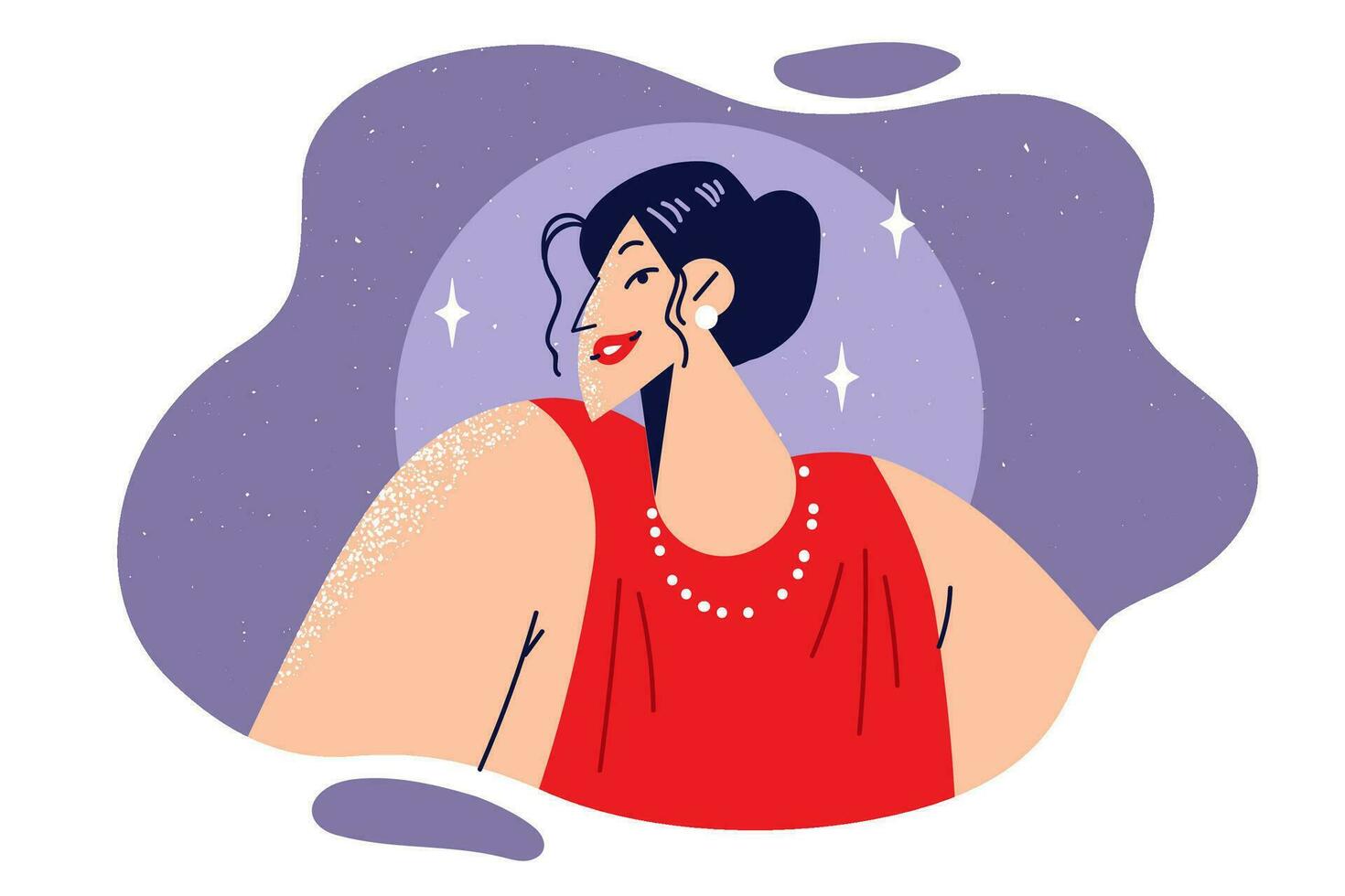 Elegant woman stands in spotlight dressed in red luxurious dress with expensive necklace and earrings. Woman hollywood star with glittery safits posing at prestigious superstar party or festival vector