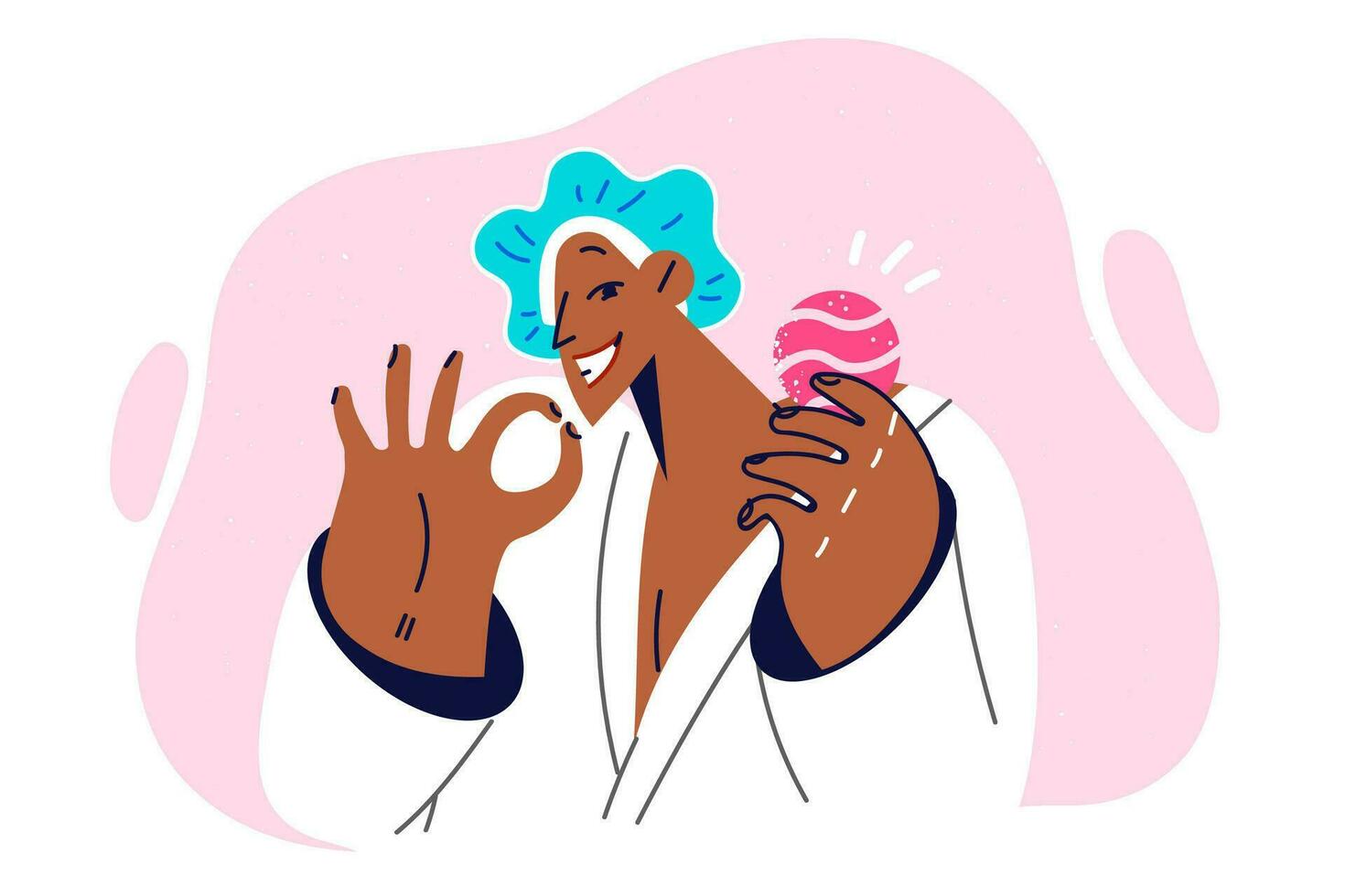 Woman with bath bomb in hands shows gesture of OK and smiles, calling for use of aromatherapy for rejuvenation. African american girl praises bath bomb and SPA or hygienic procedures vector