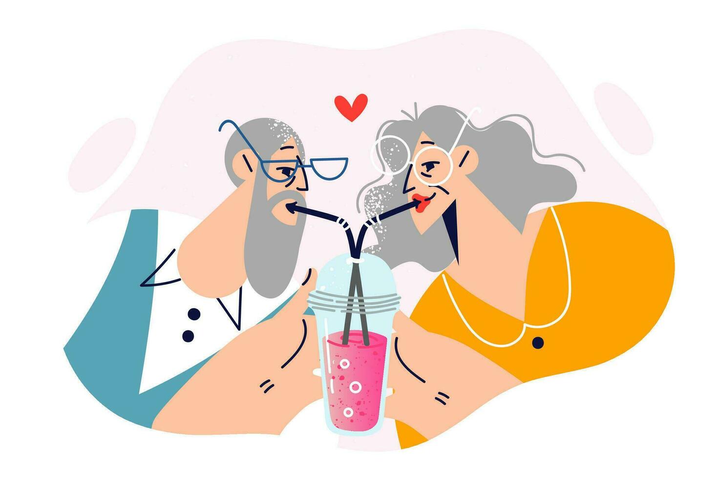 Elderly romantic couple drinks cocktail from straws in one glass, showing love and affection. Elderly romantic family with gray hair holding smoothie wishing to start relationship after retirement vector