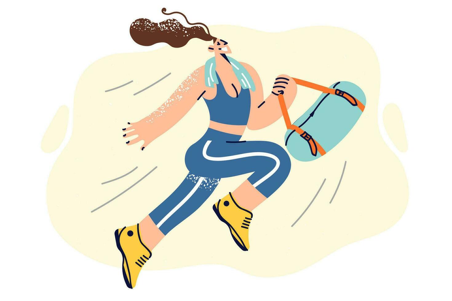 Happy athletic woman in sportswear holding bag with workout accessories and running to fitness club. Girl with towel around neck is returning from gymnastics or aerobics classes in fitness studio vector