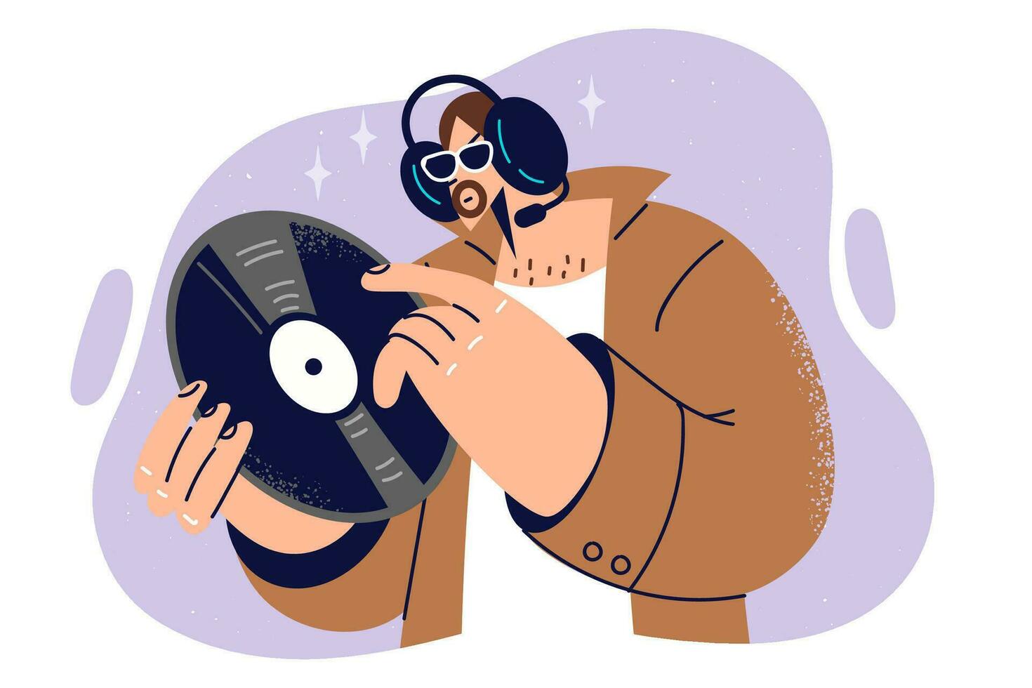 hombre sostiene vinilo grabar y escucha a raro música en auriculares, alegría a apariencia de nuevo audio grabaciones en recopilación. chico con vinilo grabar a correr composiciones mediante fonógrafo vector