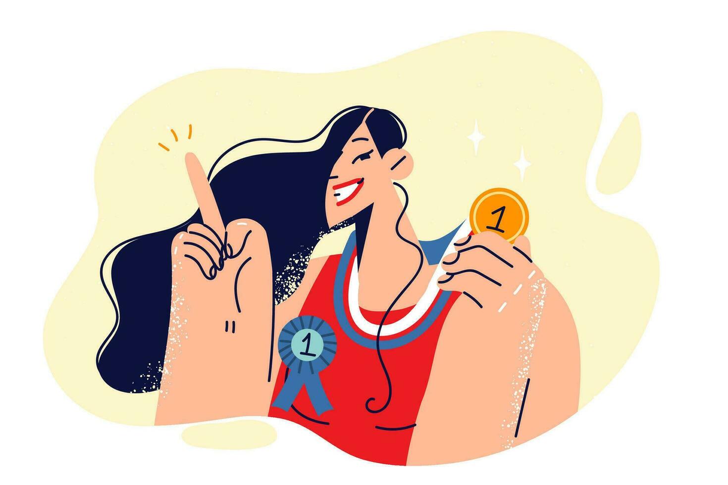 Woman champion with gold medal for sports achievements and victory in competitions points finger up and smiles. Girl athlete took first place in sports tournament and is proud of result vector