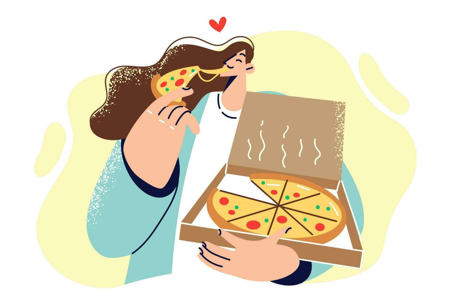 Woman holds pizza box and bites into piece of italian snack from fast food restaurant. Young girl used pizza delivery service from pizzeria and enjoys delicious high-calorie lunch. vector