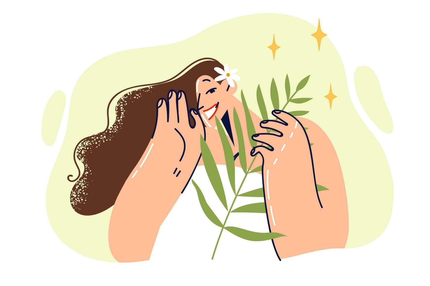 Woman with sprig of plant smiles, calling for use of organic cosmetics based on natural herbs. Happy girl holds plant from which creams are prepared for nourishing skin and rejuvenating procedures. vector