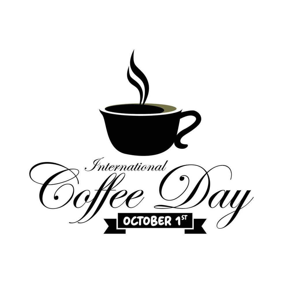 internacional café día cita. mano dibujado vector logotipo con letras tipografía y taza de café en blanco antecedentes. ilustración con eslogan para imprimir, bandera, volantes, póster, pegatina
