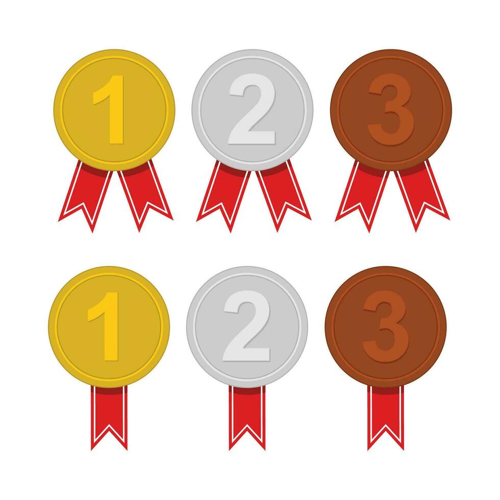Set of Medal with red ribbon award badges in flat style vector