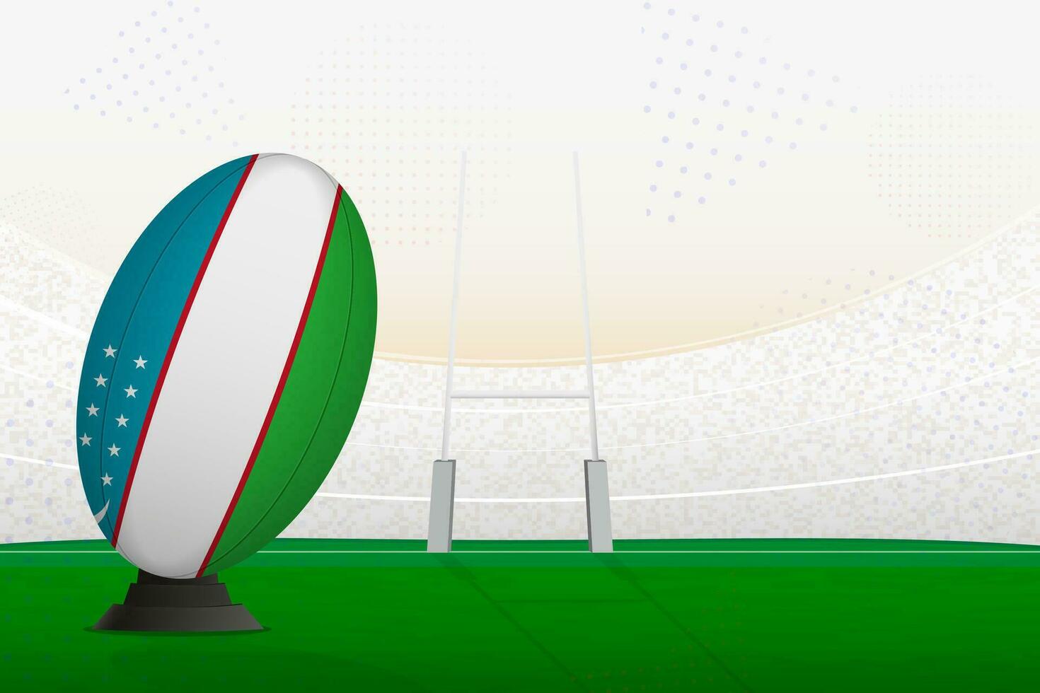 Uzbekistan national team rugby ball on rugby stadium and goal posts, preparing for a penalty or free kick. vector