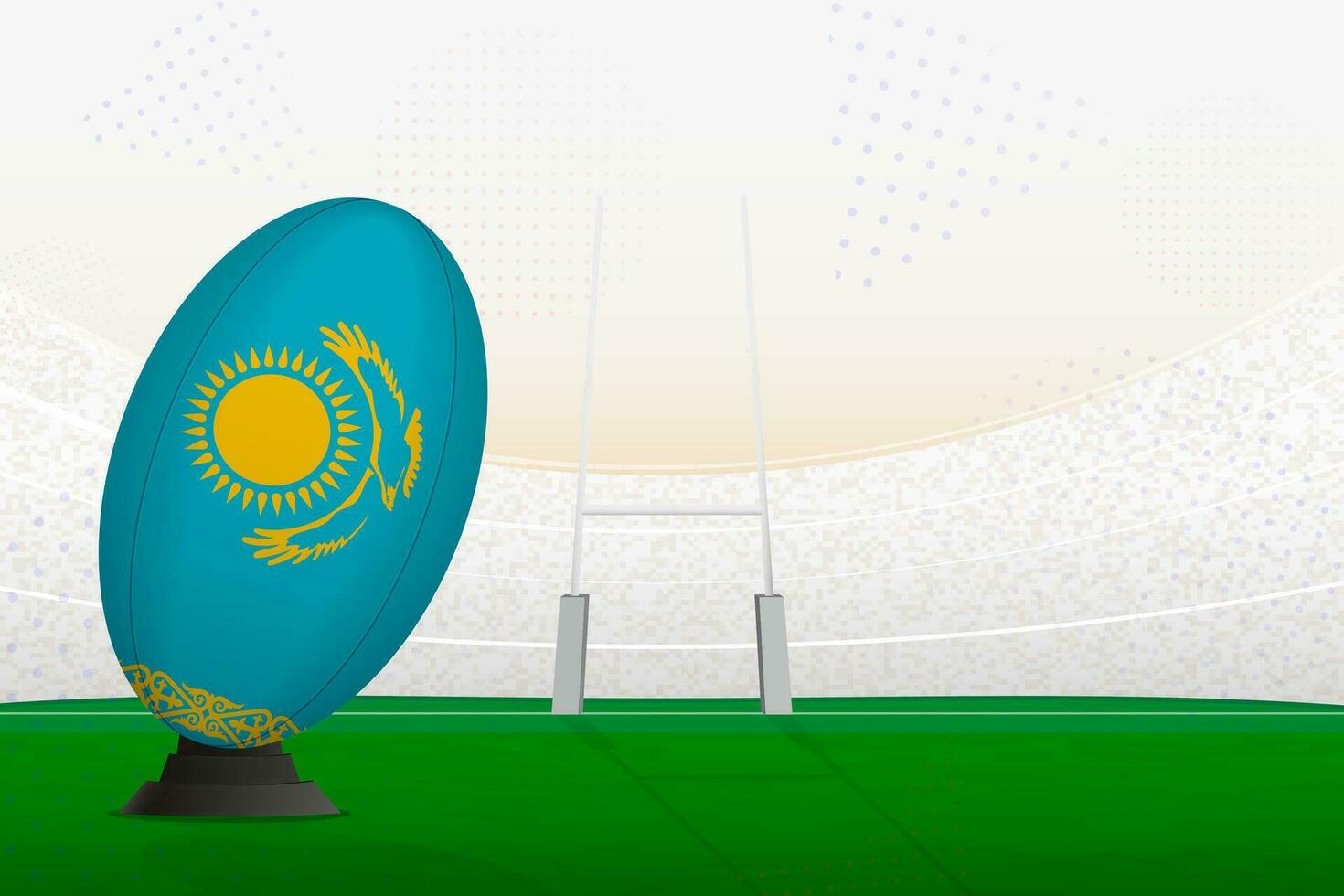 Kazakhstan national team rugby ball on rugby stadium and goal posts, preparing for a penalty or free kick. vector