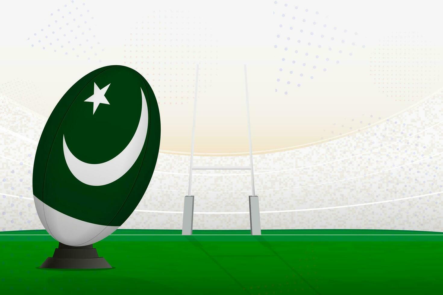 Pakistan national team rugby ball on rugby stadium and goal posts, preparing for a penalty or free kick. vector