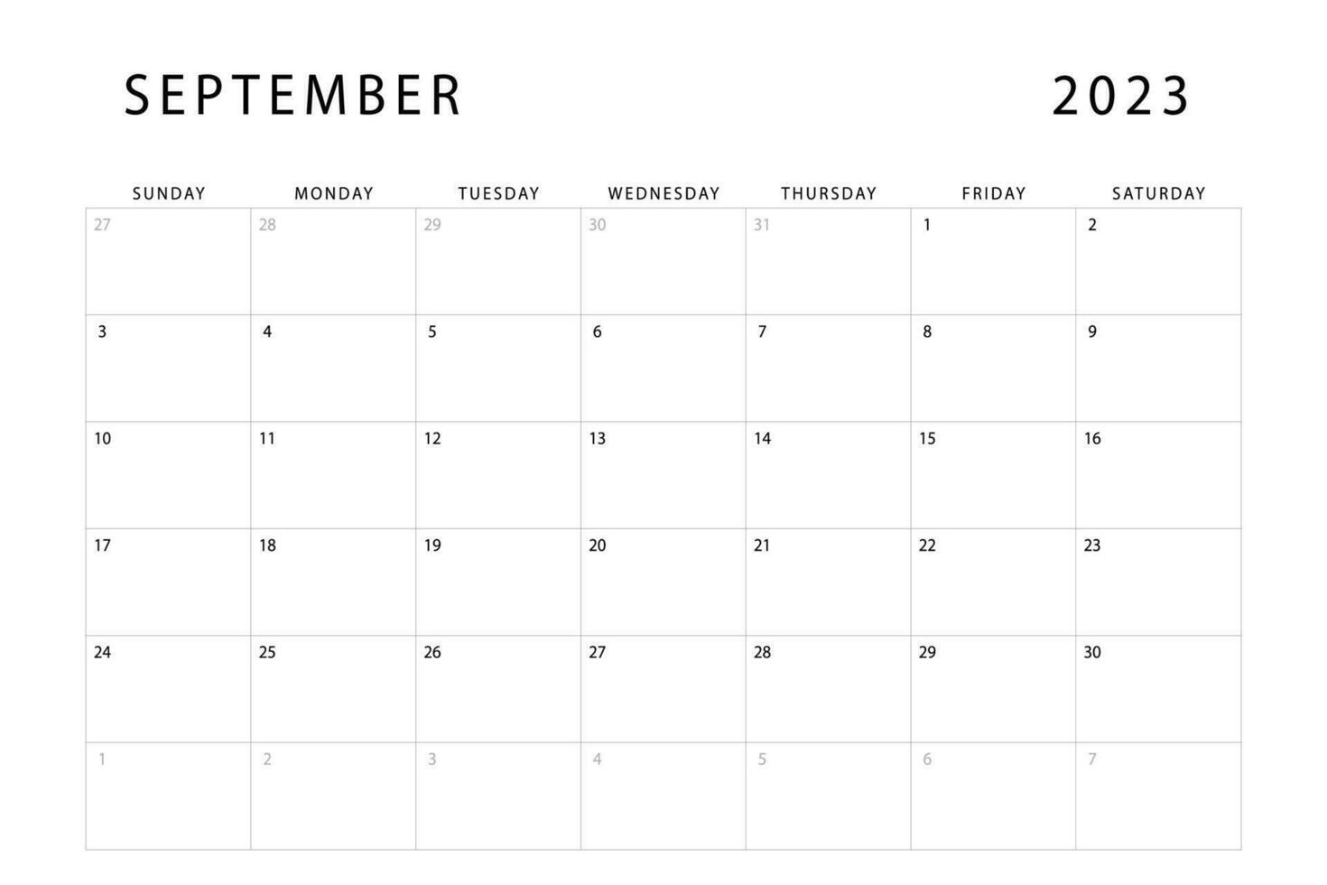 September 2023 monthly calendar template. Vector design.