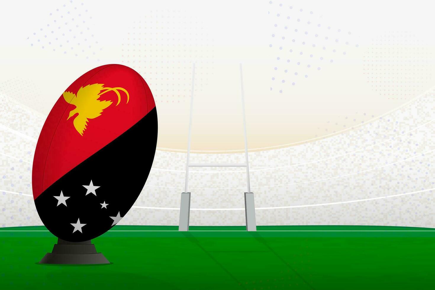 Papua New Guinea national team rugby ball on rugby stadium and goal posts, preparing for a penalty or free kick. vector
