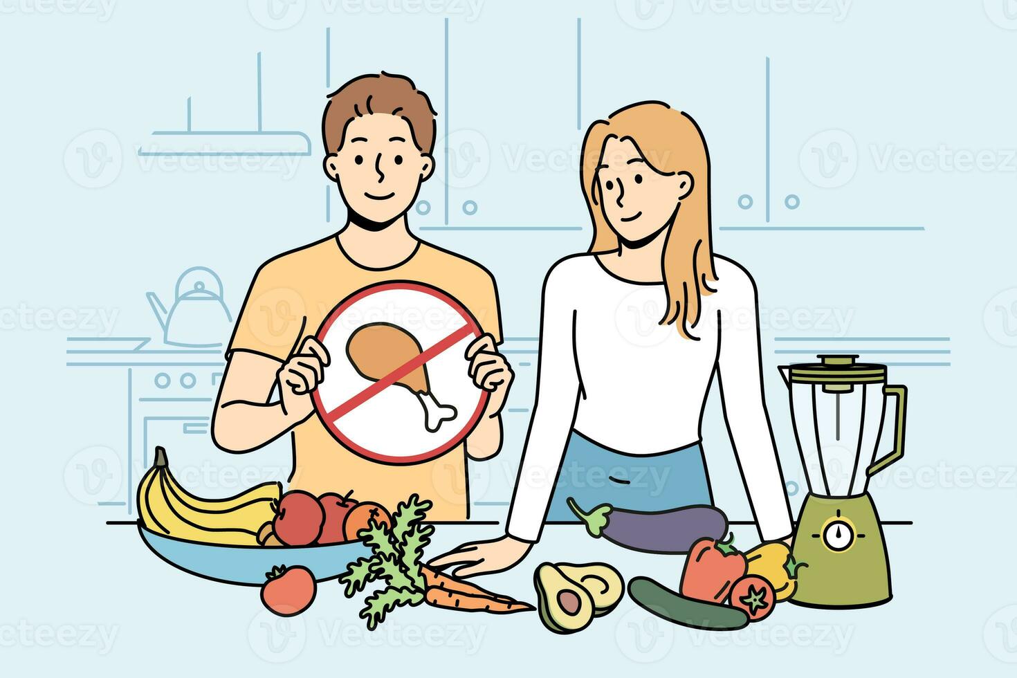 Cooking vegan show with man and woman standing in kitchen with vegetables and without meat photo