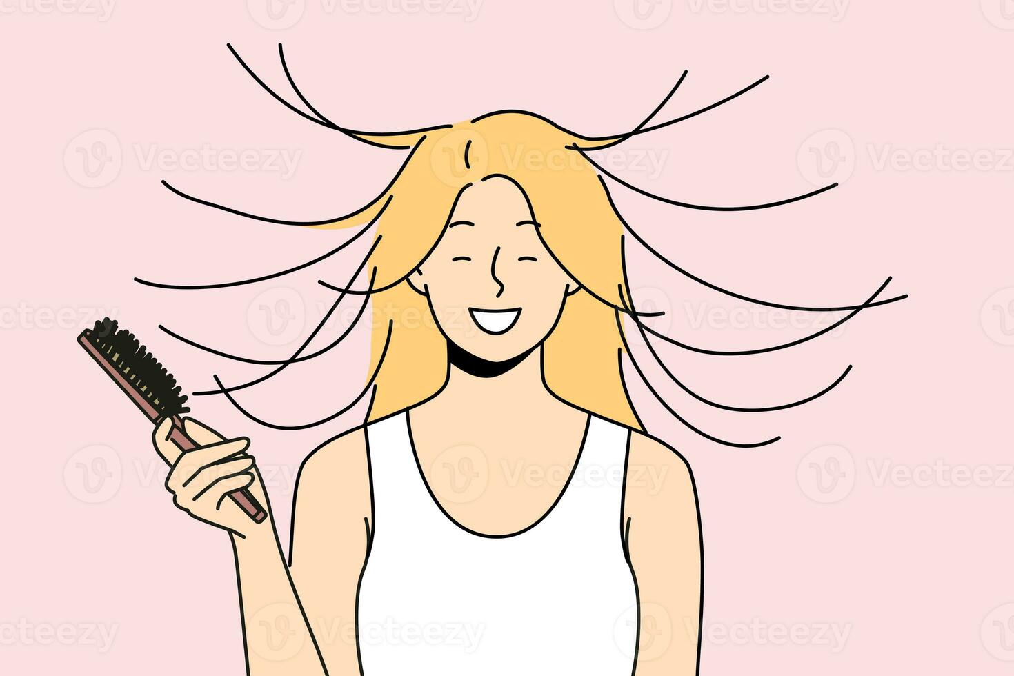 Woman combs hair and smiles, seeing effect of static of