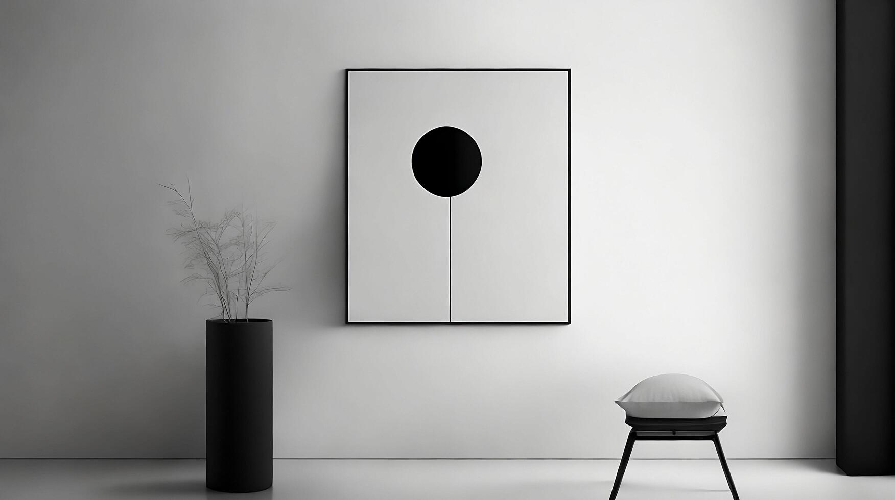 Minimalistic living room interior with white walls, concrete floor, black sofa and round coffee table. 3d rendering mock up photo