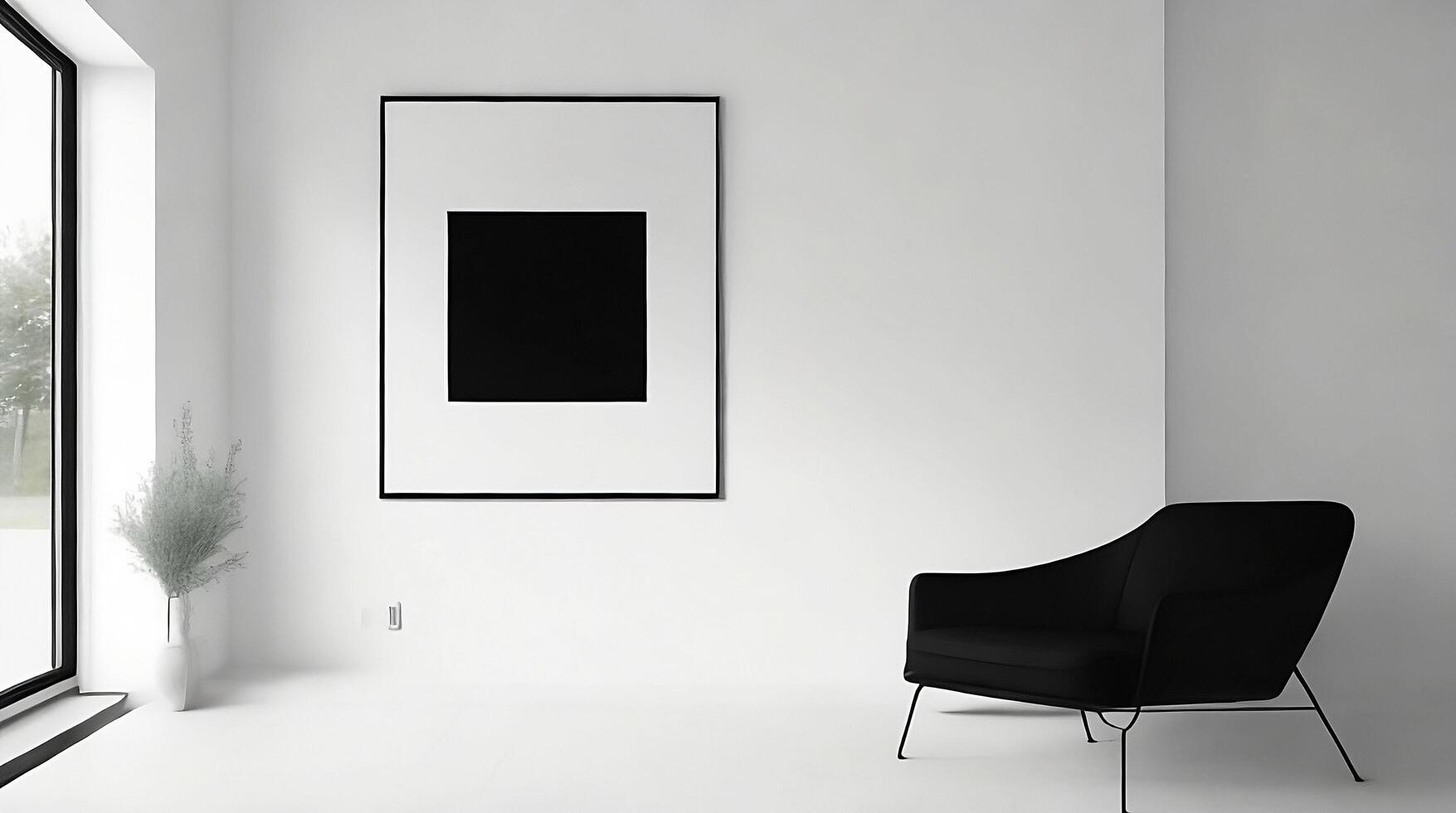 Minimalistic living room interior with white walls, concrete floor, black sofa and round coffee table. 3d rendering mock up AI Generative photo