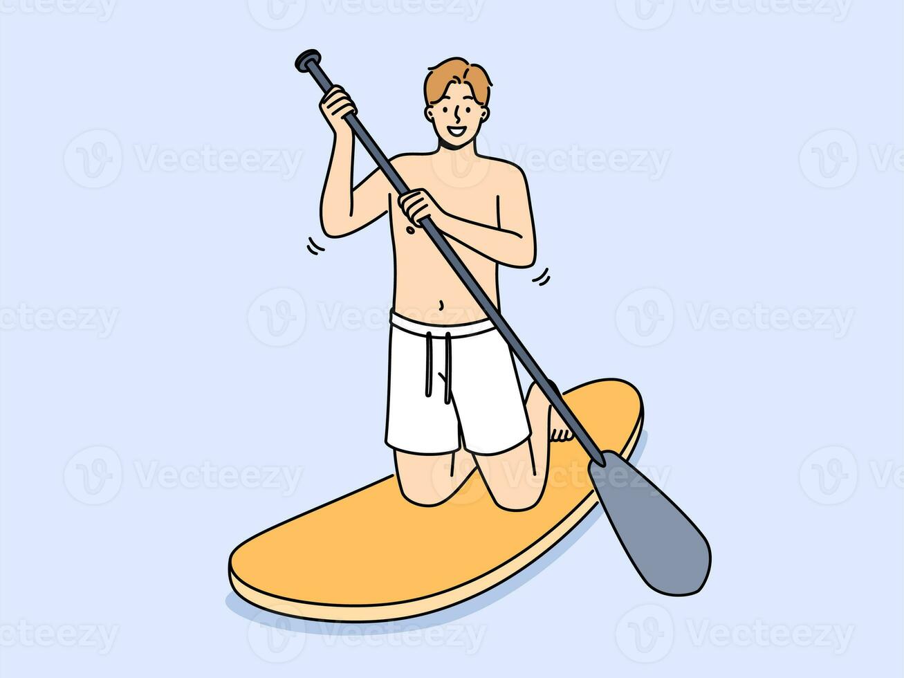 Man rides sup board with oar in hands and smiling looks at screen, encouraging exercise water sports photo