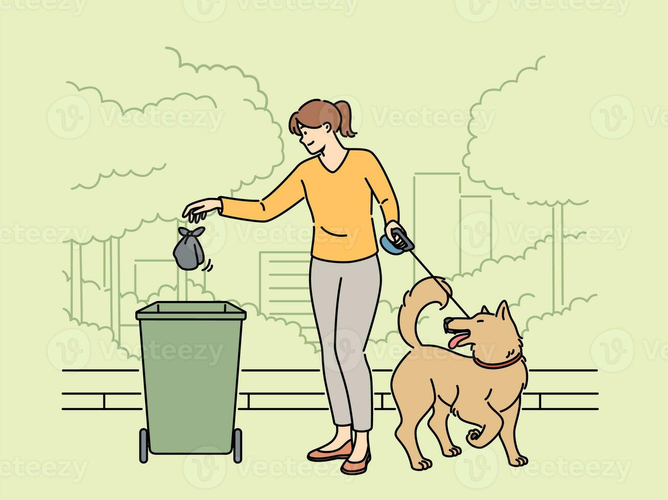 Woman walking dog throws bag of puppy poop into trash can, taking care