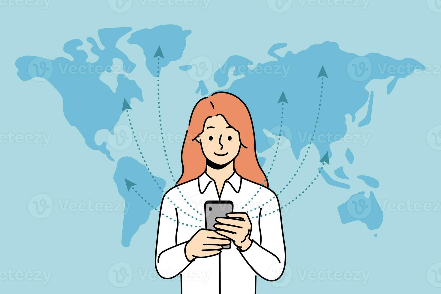 Woman with phone uses 5G technology standing near world map and exchanging information at network photo
