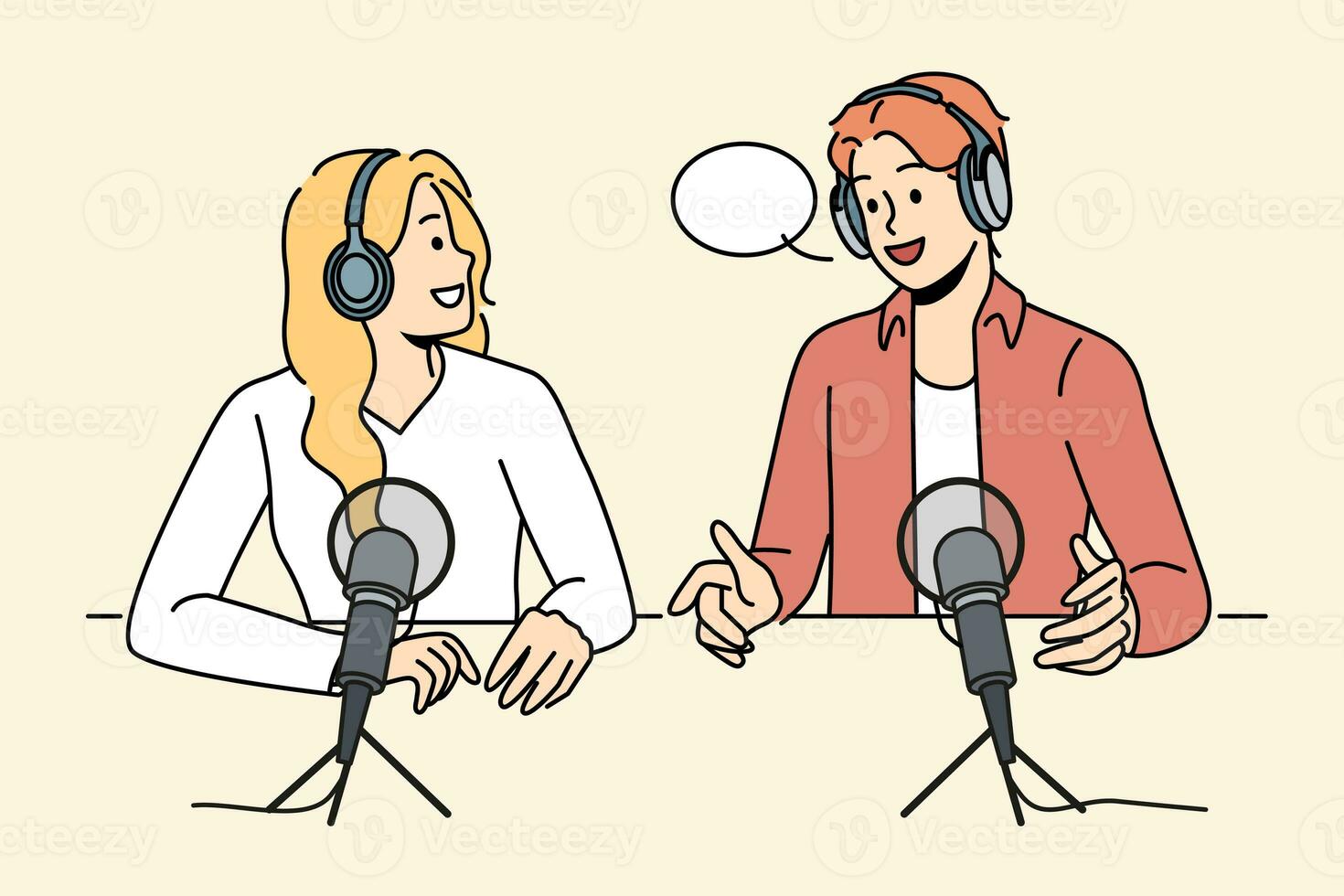 Radio show hosts sit around table with microphones discussing latest news preparing online podcast photo