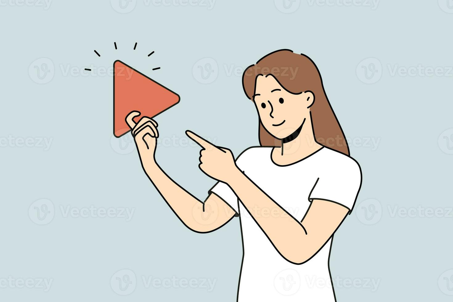 Woman holding play button suggesting start video from playlist and use multimedia technology photo