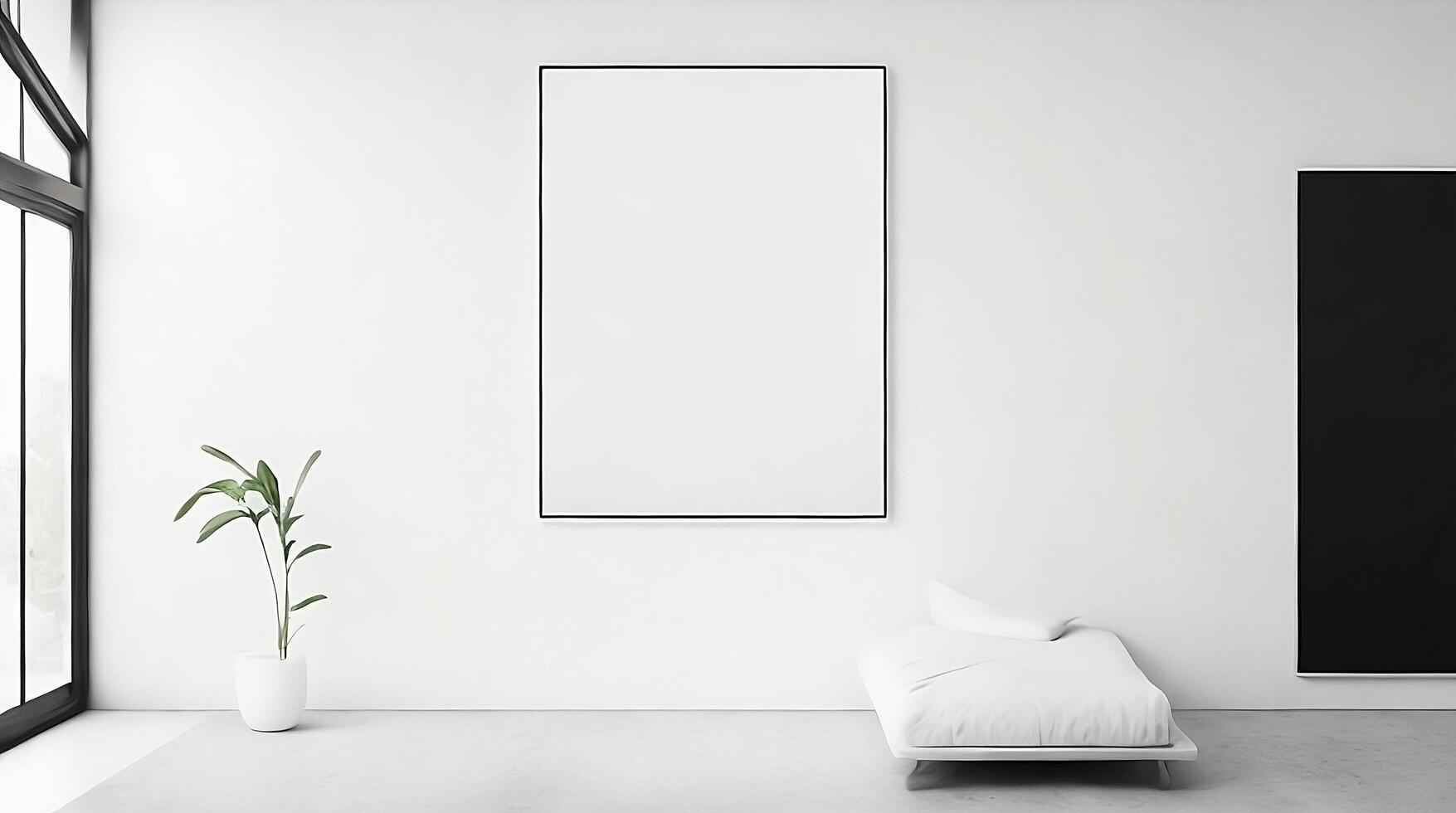 Minimalistic living room interior with white walls, concrete floor, black sofa and round coffee table. 3d rendering mock up photo