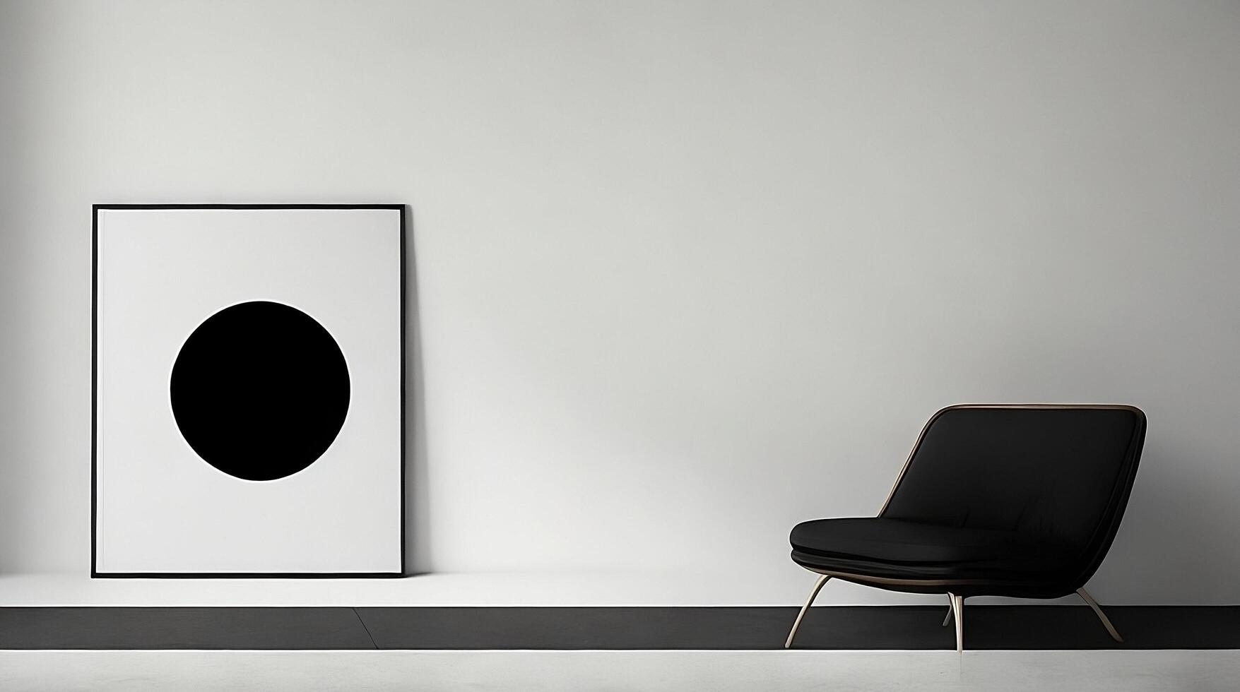 Minimalistic living room interior with white walls, concrete floor, black sofa and round coffee table. 3d rendering mock up photo