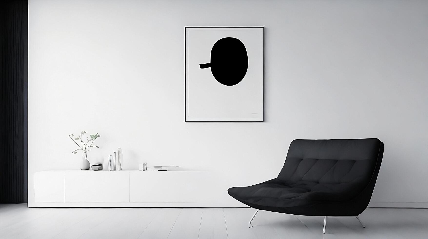 Minimalistic living room interior with white walls, concrete floor, black sofa and round coffee table. 3d rendering mock up photo