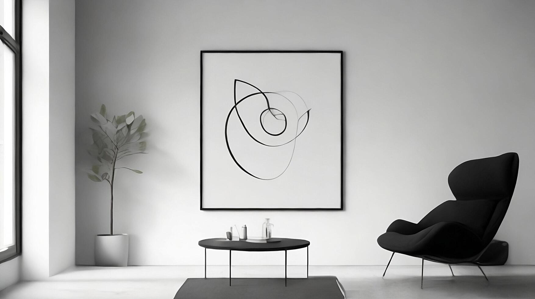 Minimalistic living room interior with white walls, concrete floor, black sofa and round coffee table. 3d rendering mock up photo