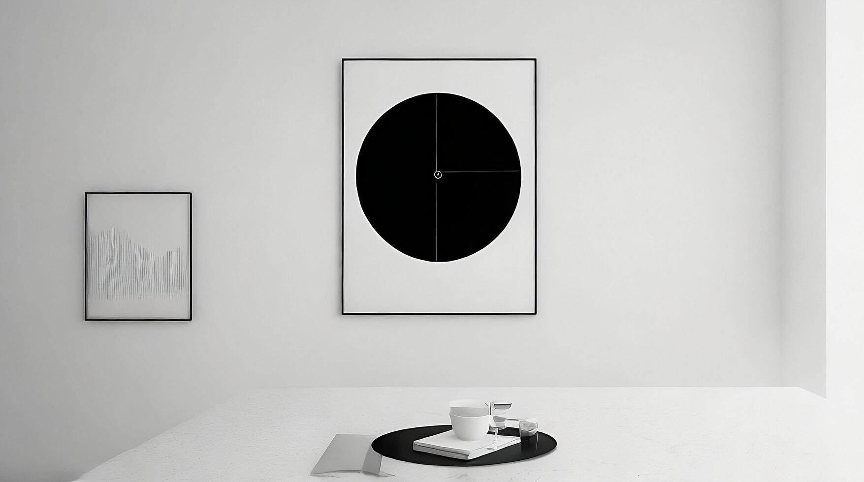 Minimalistic living room interior with white walls, concrete floor, black sofa and round coffee table. 3d rendering mock up photo