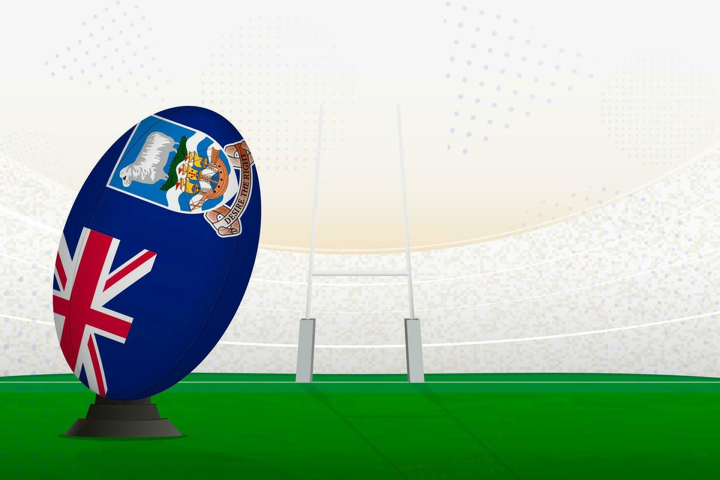 Malvinas islas nacional equipo rugby pelota en rugby estadio y objetivo publicaciones, preparando para un multa o gratis patada. vector