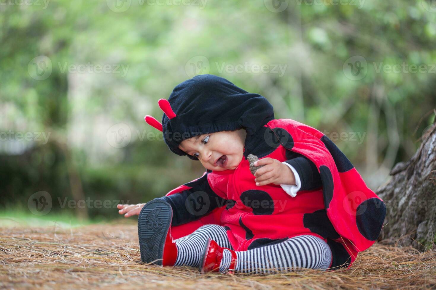 Little baby girl wearing a ladybug costume. Halloween concept. photo