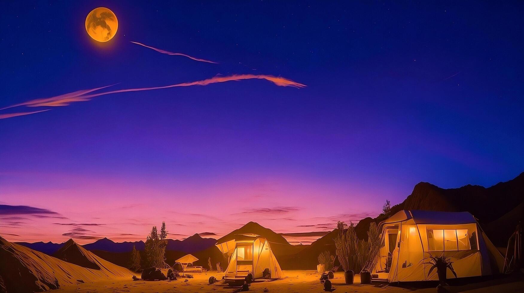 Camping in the mountains at sunset. photo