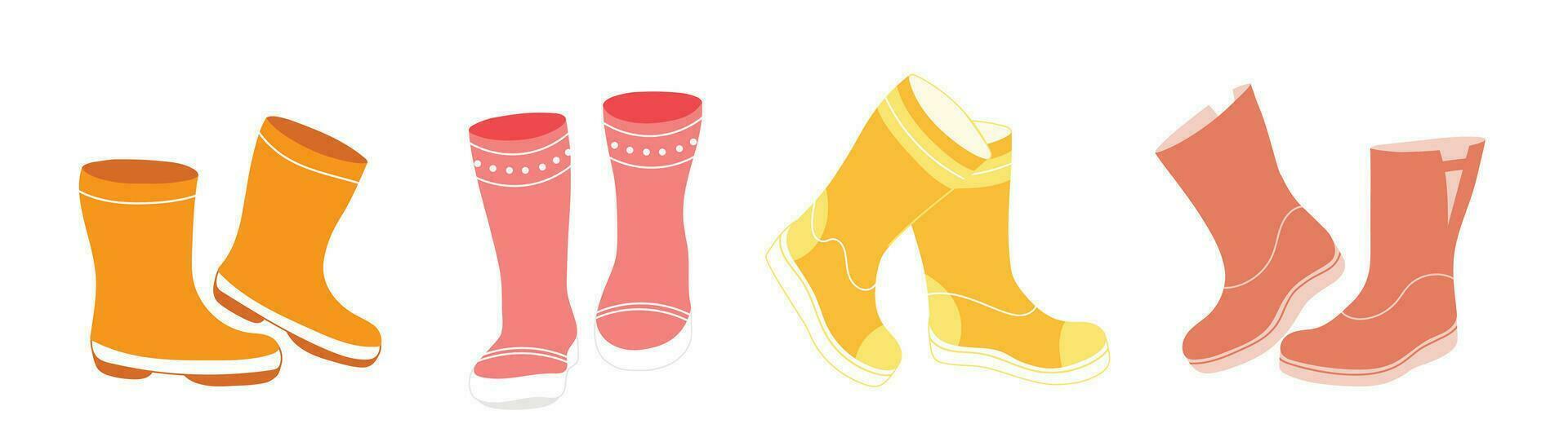 Different colors rain boots collection. Rubber boots autumn concept. Set of gumboots on a white background. Autumn footwear. Vector illustration