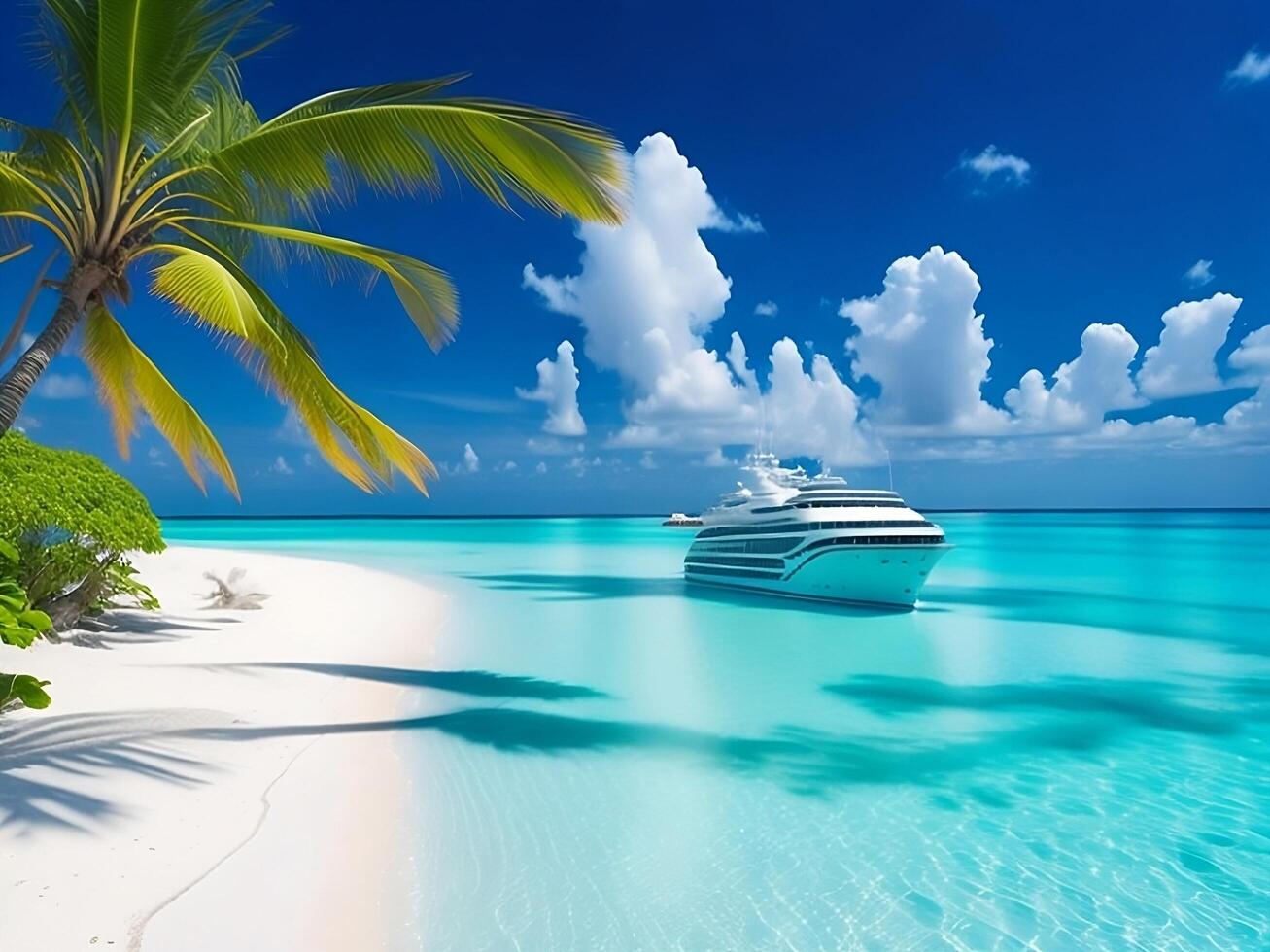 tropical beach in Maldives with palm trees and boat 3d render photo