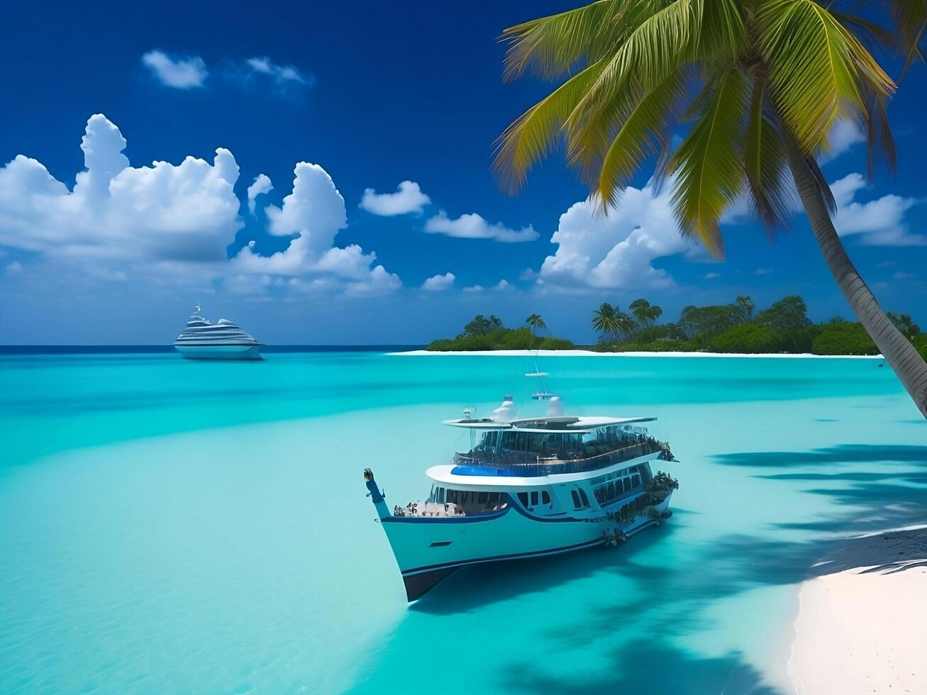 tropical beach in Maldives with palm trees and boat 3d render photo