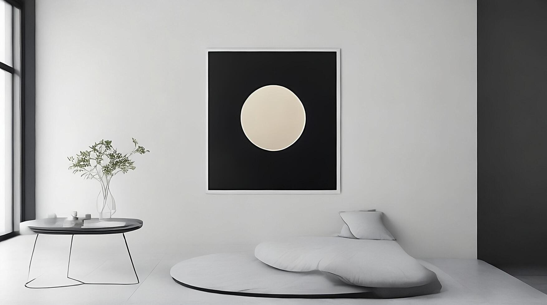 Minimalistic living room interior with white walls, concrete floor, black sofa and round coffee table. 3d rendering mock up photo